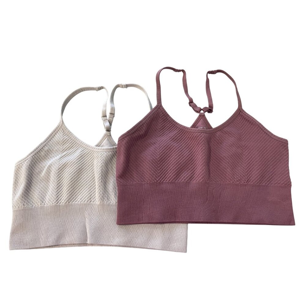 Bralette Lot of 2 Medium Ribbed Seamless Scoop Neck Adjustable Beige Burgundy